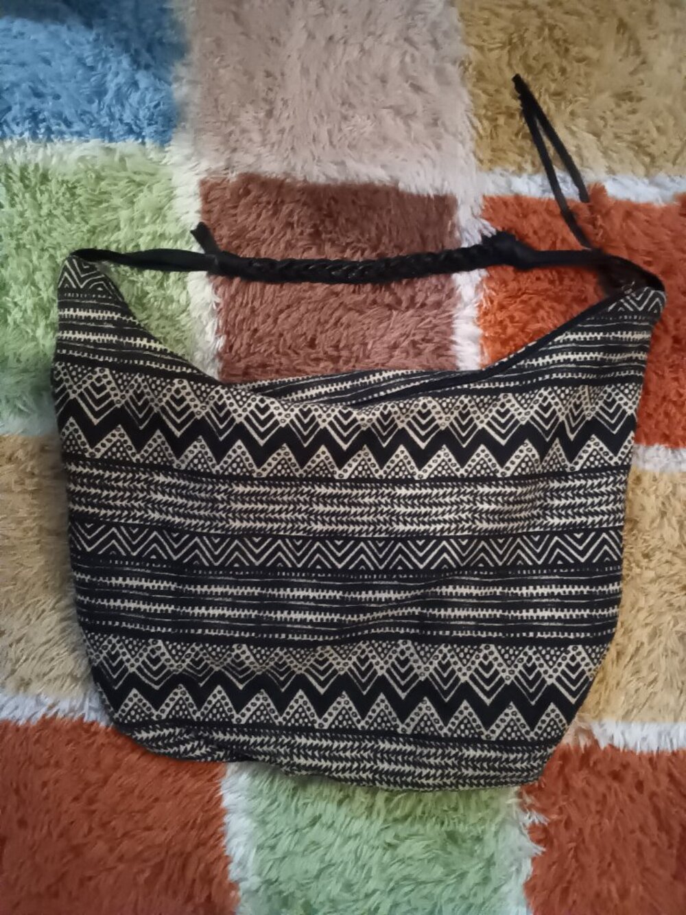 Black and white boo print zip top tote bag